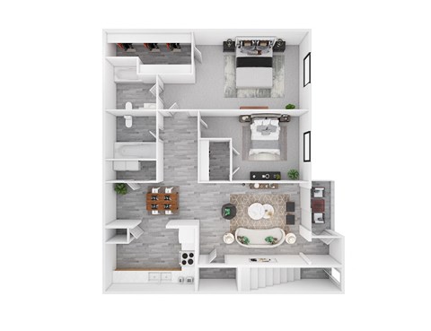 Floor plan for 2 beds, 2 baths, 1000 sqft
